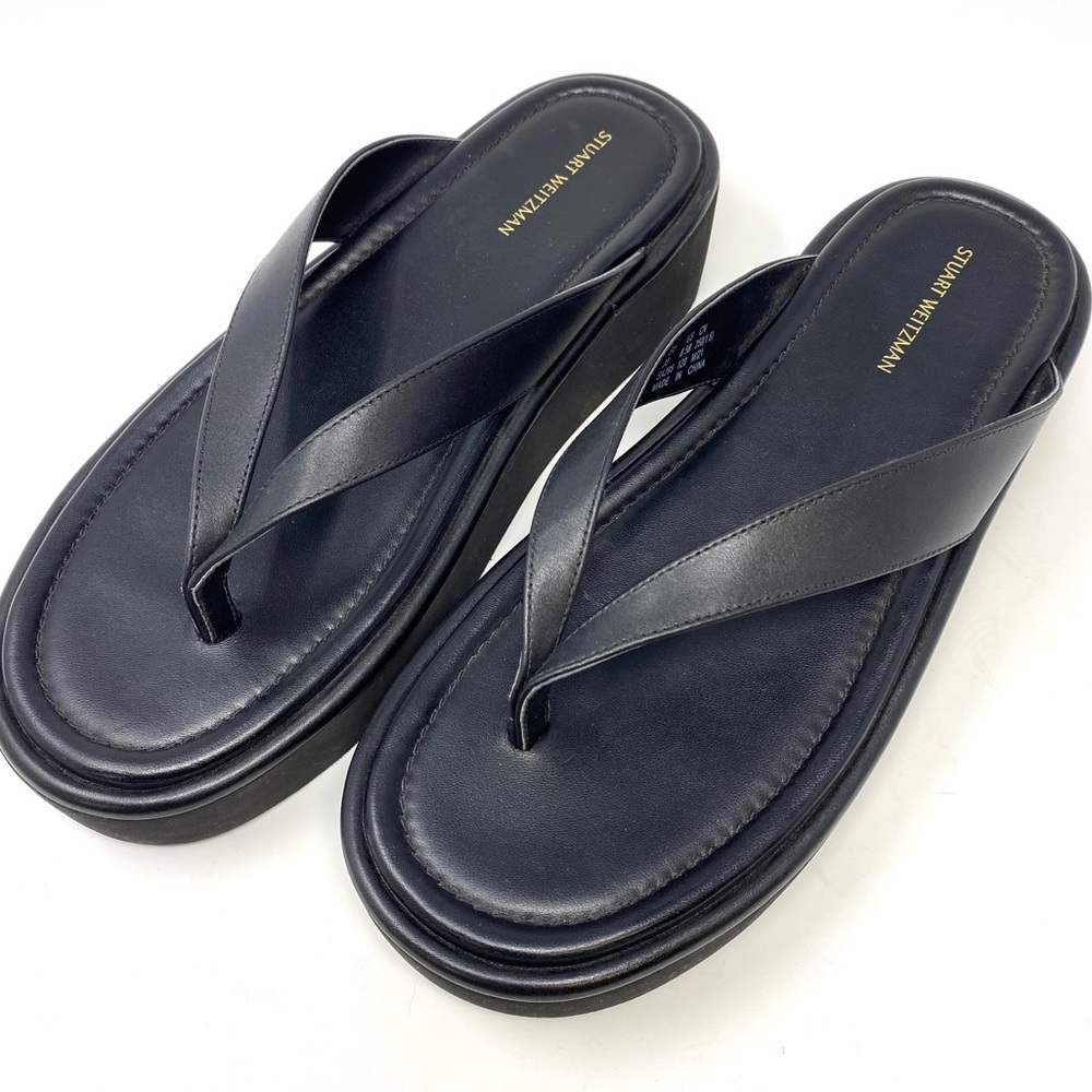 Stuart Weitzman Platform Sandals Thong Black Leather 8.5